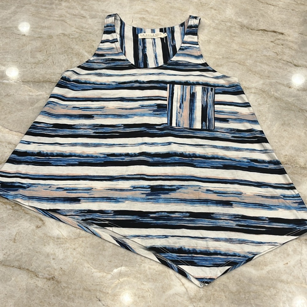 LA Relaxed Racerback Tank Abstract Stripe Asymmetrical‎ Hem Pocket Medium